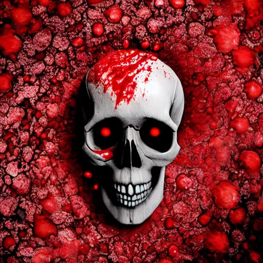 Image similar to skull in a pool of blood with blood splatter on the skull