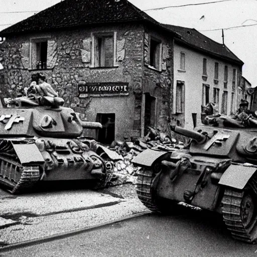 Prompt: small french village bombed out, Nazi Tiger 1s driving into the town, black and white, film grain,