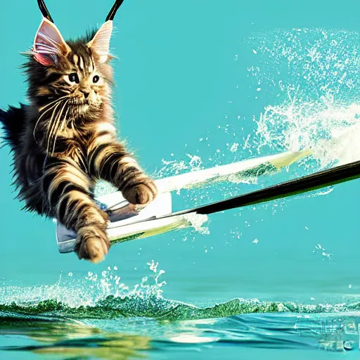 Prompt: Maine coon kitten is a Water skiing champion, action shot. Digital art