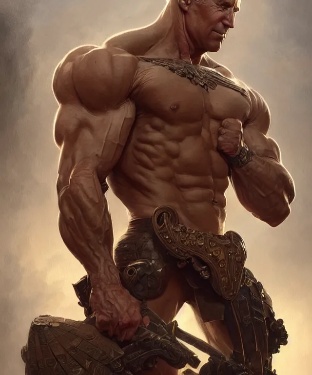 Image similar to muscular, heroic, ruggedly handsome Joe Biden, fantasy, intricate, elegant, highly detailed, digital painting, artstation, concept art, smooth, sharp focus, illustration, art by artgerm and greg rutkowski and alphonse mucha