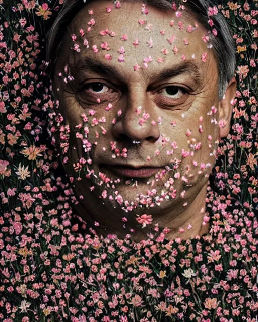 Image similar to viktor orban's face, made of wildflowers, in the style of the dutch masters and gregory crewdson, dark and moody