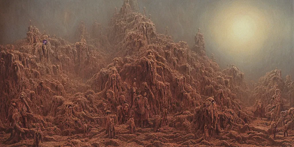 Prompt: an ultra detailed hellscape with ominous robed figures, art by beksinski