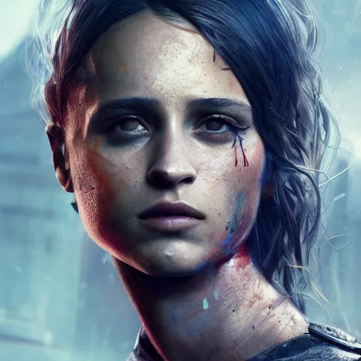 Image similar to alicia vikander portrait, dystopia core, apocalyptic, armor, warrior, dramatic, sharp focus, fiction, neon, fantasy, hyper detailed, digital art, trending in artstation, cinematic lighting, studio quality, smooth render, unreal engine 5 rendered, octane rendered, art style and nixeu and wlop and krenz cushart