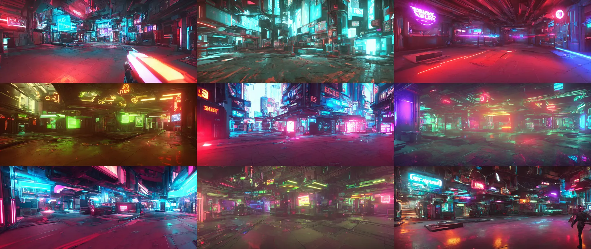 Prompt: Octane render, 3d model, Cyberpunk sci-fi First person shooter videogame level design. Inspired by the design of a glowing neon shop sign. First person perspective. Gameplay screenshot.