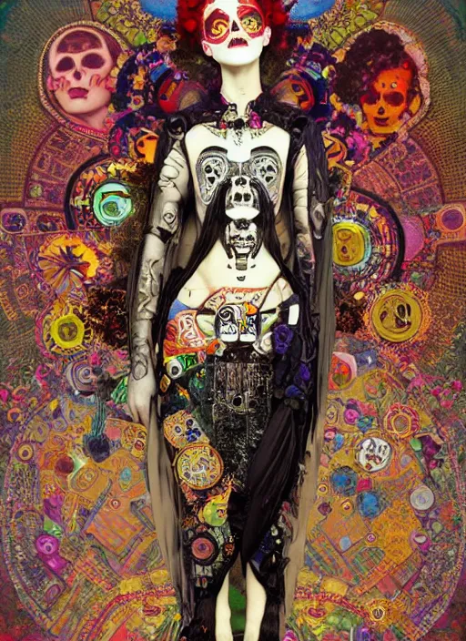 Prompt: cute punk goth fashion hippy fractal Día de los Muertos android girl wearing kimono made of circuits and leds by Zhang Jingna, psychedelic poster art by Hannah Höch Käthe Köllwitz Victor Moscoso Rick Griffin Alphonse Mucha Gustav Klimt Ayami Kojima Amano Charlie Bowater