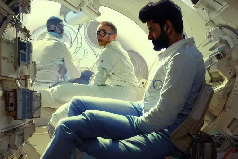 Image similar to Pensive good looking pale young Indian doctors wearing jeans in a space station above Earth, portrait, elegant, intricate, digital painting, artstation, concept art, smooth, sharp focus, illustration, art by artgerm and greg rutkowski and alphonse mucha