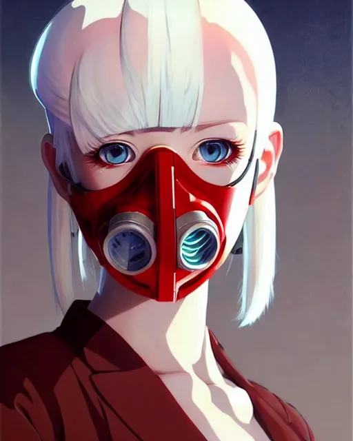 Image similar to white haired cyborg girl wearing a gas mask and red dress | | audrey plaza, fine detail!! anime!! realistic shaded lighting!! poster by ilya kuvshinov katsuhiro otomo ghost - in - the - shell, magali villeneuve, artgerm, jeremy lipkin and michael garmash and rob rey