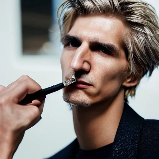 Image similar to a closeup photo of really handsome xqc smoking,