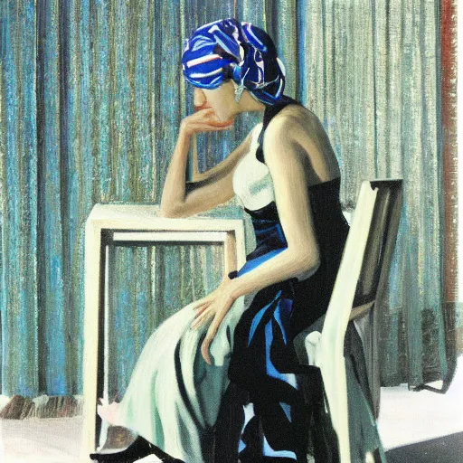 Image similar to A beautiful computer art of a lady with a blue scarf on her head, sitting in a chair with her eyes closed. by Giacomo Balla, by Hans Thoma