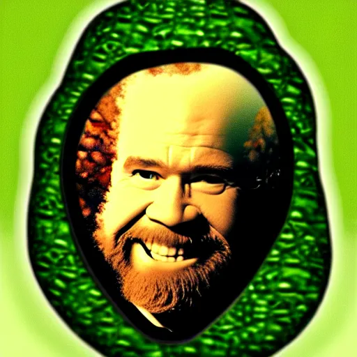 Image similar to bob ross as an embryo inside an avocado