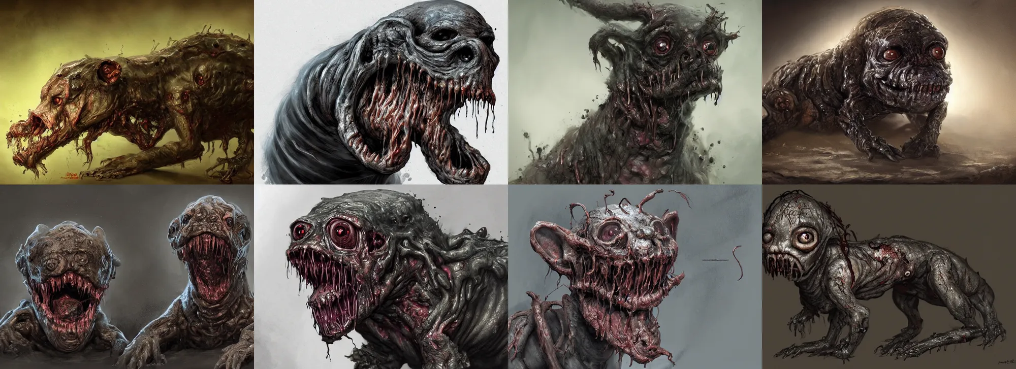 Prompt: a nightmarish slimy monster puppy, with black eyes, rotting flesh, exposed bone, by jerad marantz, concept art, dramatic lighting, highly detailed digital painting