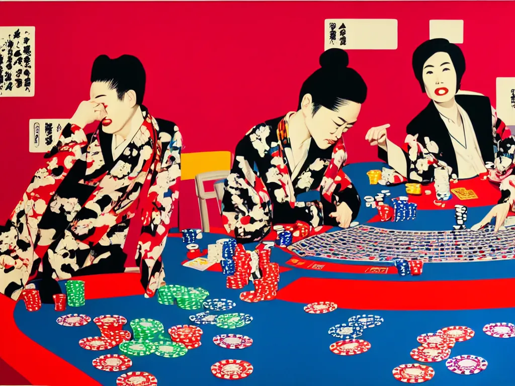 Image similar to hyper - realistic composition of a room with an extremely detailed poker table, croupier in traditional japanese kimono standing nearby fireworks in the background, pop art style, jackie tsai style, andy warhol style, acrylic on canvas