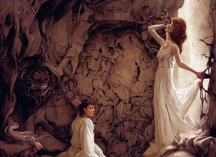 Prompt: jim henson's labyrinth. sarah, a girl in a ballgown, is trapped in a dark shadowed oubliette made of stone. by edgar maxence and caravaggio and michael whelan and delacroix style, artistic, intricate painting, cinematic lighting, hyper realistic, extremely detailed, vivid colors, establishing shot, dramatic lighting