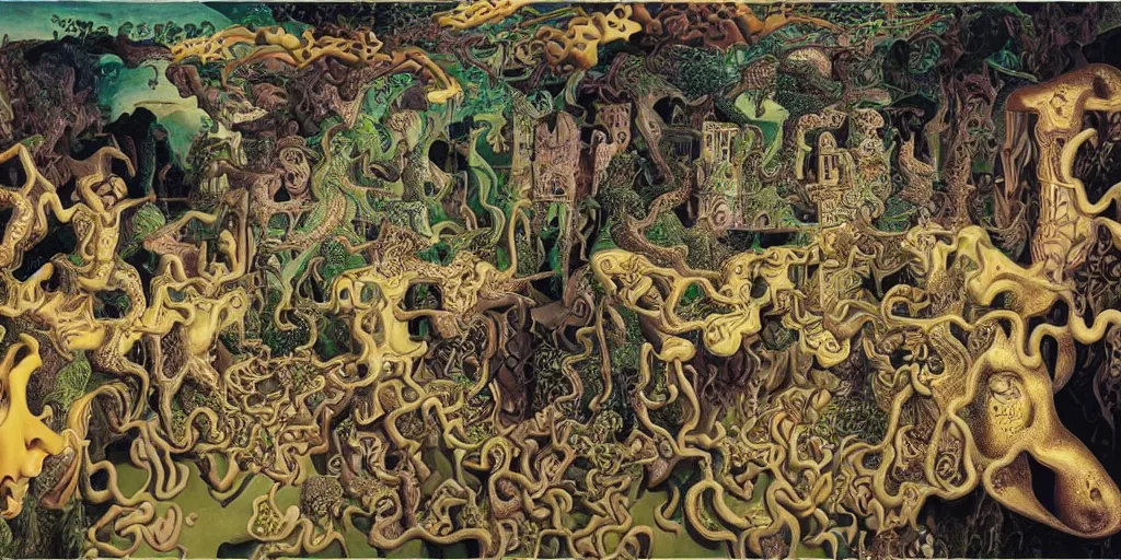 Image similar to basilisk, pain, pleasure, suffering, adventure, love, abstract oil painting by mc escher and salvador dali and raqib shaw sandman dream palace