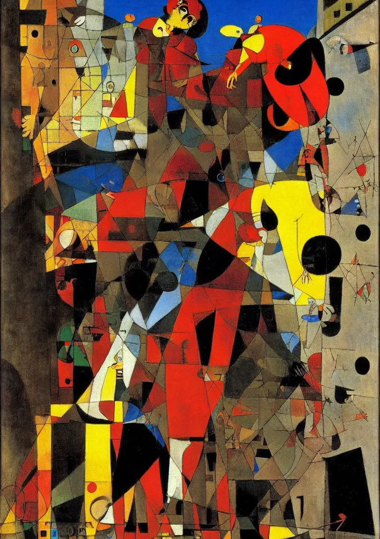 Image similar to a punk latino greek god searching for a watchful light through the streets of a city, complementary color scheme, by george luks, joan miro and moebius