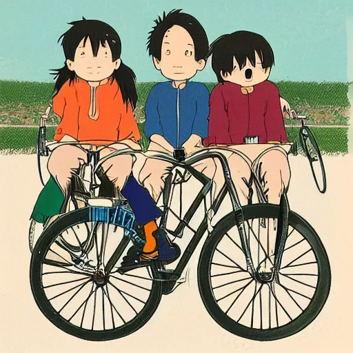 Image similar to three people share a bike, front and rear seats, lovely, by hayao miyazaki