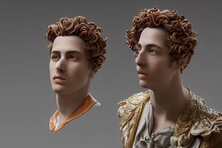 Image similar to a beautiful porcelain Baroque style bust of handsome young Spanish man with colored pipecleaners coming out of the neck suspended in space, photorealism, octane render, depth of field, 8k, 35mm, artgem, Trending on artstation