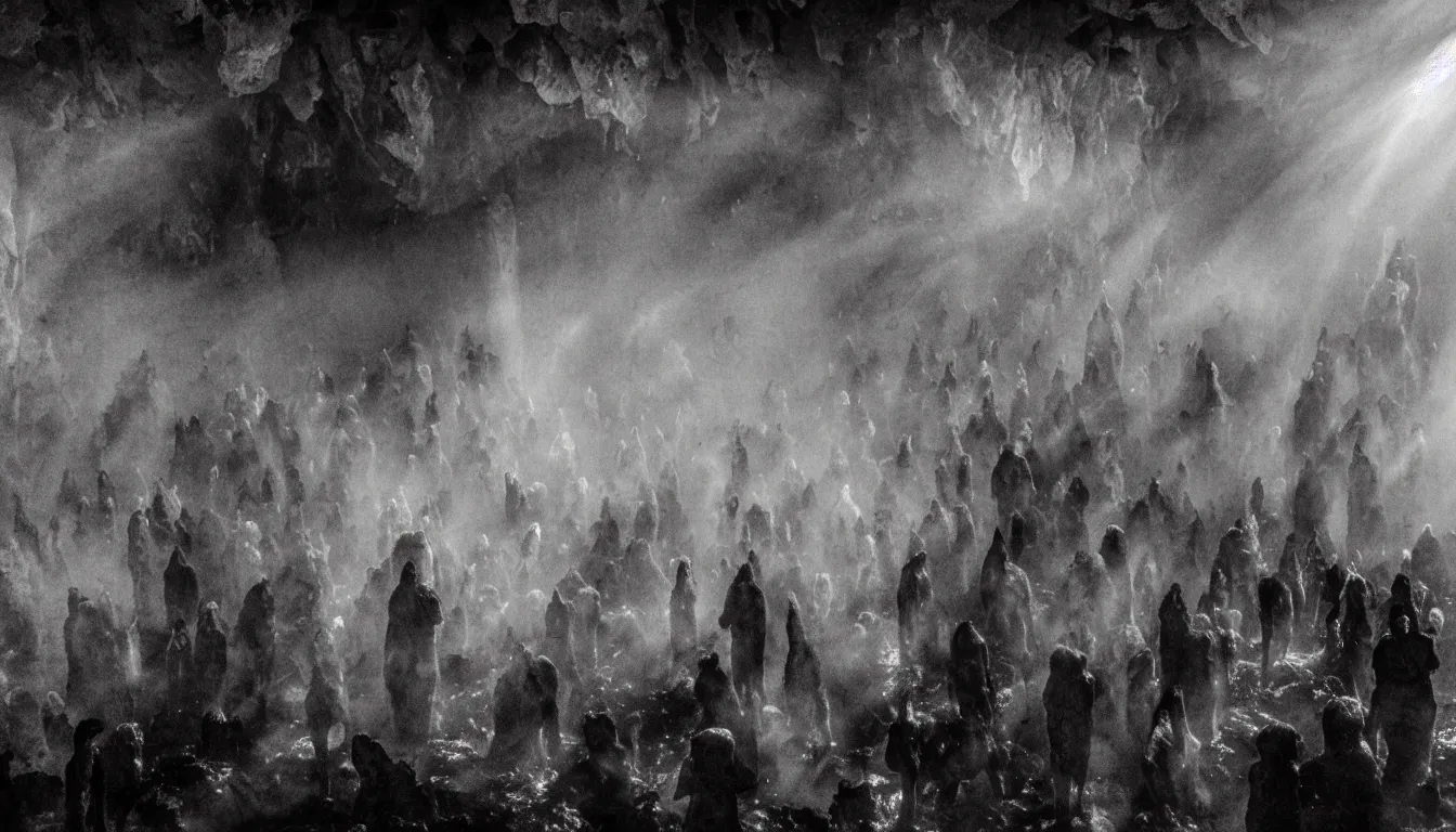 Image similar to Hundreds of ancient humans , emerging hands and beautiful women’s and men screaming laughing and crying faces , inside huge dark wet cave looking out with growing fungal mycelium biodiversity all round , deep boiling pools of water reflecting the surfaces around them spraying steam high into the air , dramatic dusk illuminates areas and cast strong shadows, volumetric light through the boiling mist ,detailed entangled fibres carpet the falling rocks , tree roots puncture and crack rocks , full colour in the style of Simon bisley , upscale , 8k