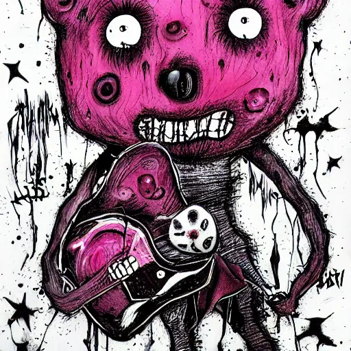 Prompt: dark art cartoon grunge drawing of a pink teddy bear playing with toys with bloody eyes by tim burton - loony toons style, horror theme, detailed, elegant, intricate, trending on art station