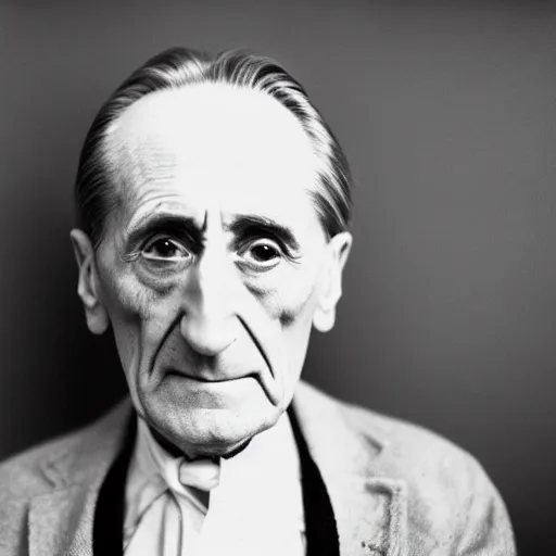 Image similar to close-up portrait of Marcel Duchamp in a empty white void, tri-x, Trent Parke, Richard Avedon, archival pigment print, occult dream, contemporary art