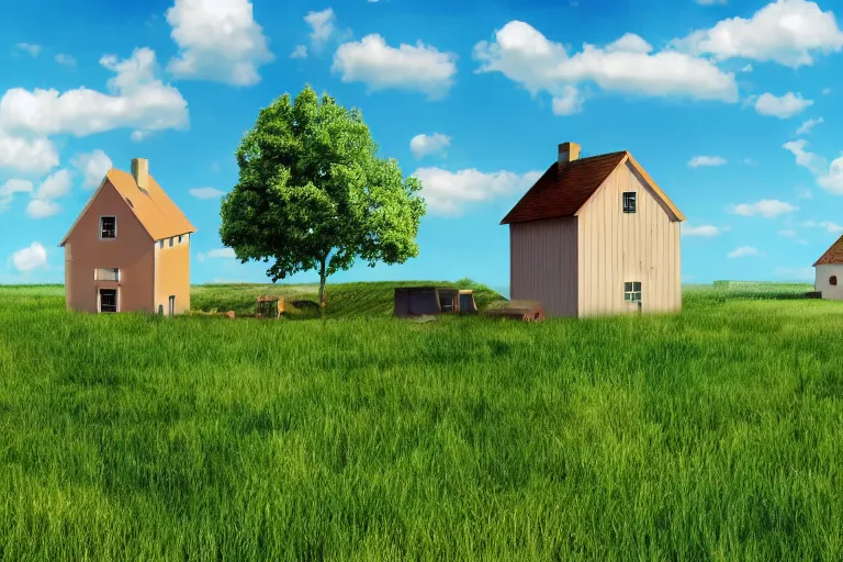 Image similar to rural houses sinking in the ground, clear blue sky, pop illustration, collage 4 k