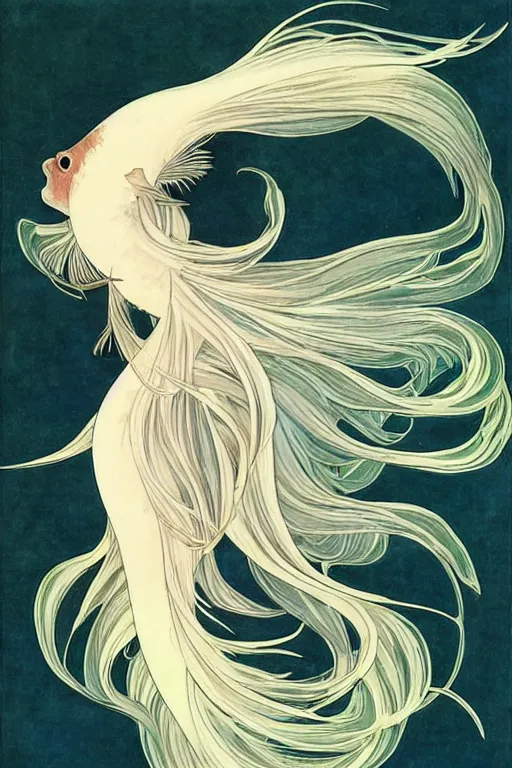 Prompt: a graceful iridescent white betta fish with long swirling fins, black-water-background, traditional Chinese painting, artstation, alphonse-mucha