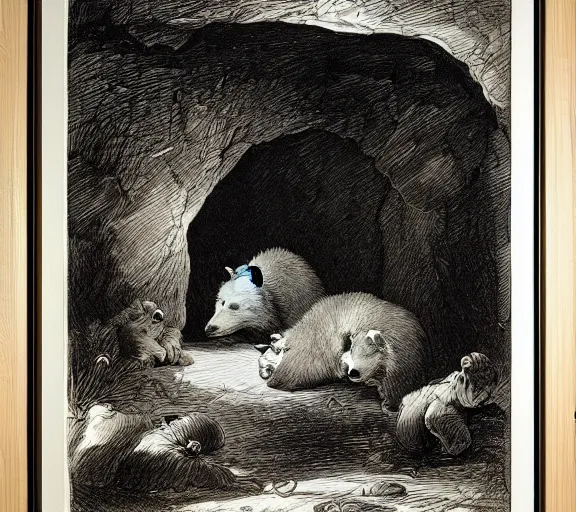 Prompt: viewer looking into dark cave and seeing a mother bear and her cubs sleeping, night time, artwork by Pieter Claesz, cross hatching, framed painting,