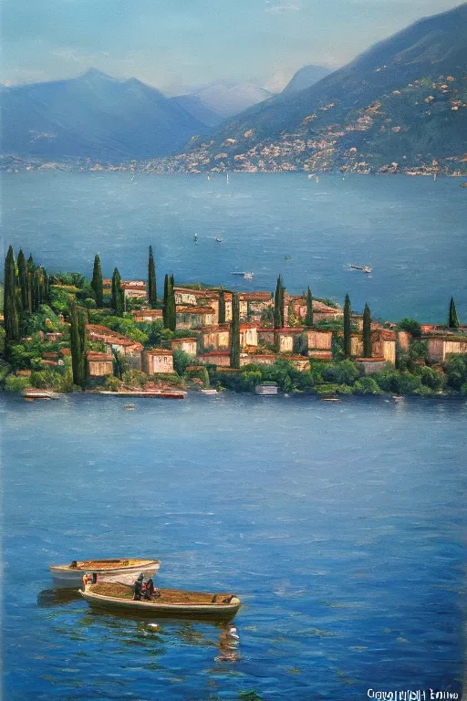 Image similar to Highly detailed oil painting of Lake Como, wide shot, daylight, blue sky, summer, dramatic lighting, award winning, highly detailed, medium format photography, cinestill 800t.