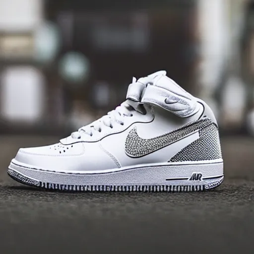 Prompt: 3d all white Nike airforce 1 shoe with scattered grey polyps built into shoe, hyper realistic, high quality, hypebeast sneaker style, photography, street wear