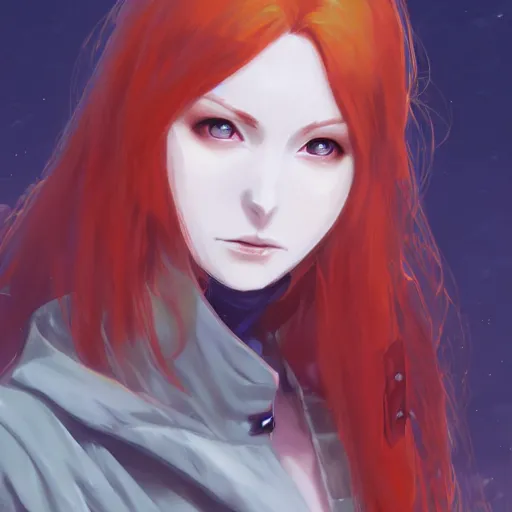 Image similar to a pale redheaded demoness with yellow eyes and horns wearing a jacket, highly detailed, digital painting, artstation, matte, by makoto shinkai, animation style