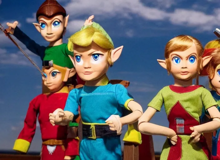 Image similar to still from a live - action tv show in the style of thunderbirds with marionette puppets, starring link and princess zelda and zelda monsters in hyrule or in dungeons. wooden puppets wearing clothing made of fabric. photographic ; realistic ; highly - detailed.