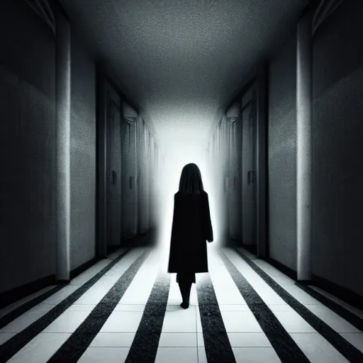 Prompt: a creepy woman wearing all black, standing in a dark hallway, eerie room, melancholic, dreary, horror, scary, glows, dark lighting, ambient lights, cinematic lighting, sinister, digital art,