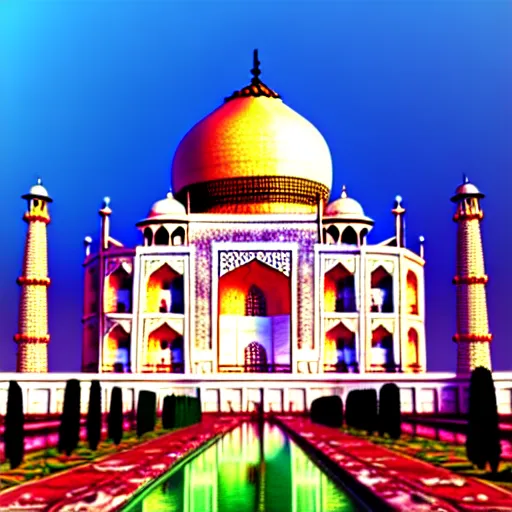 Image similar to taj mahal made of rainbow coloured marble, ultra photorealistic, octane render, vray render, raytraced, 4 k, highly detailed, hyperrealistic, depth of field, cinematic