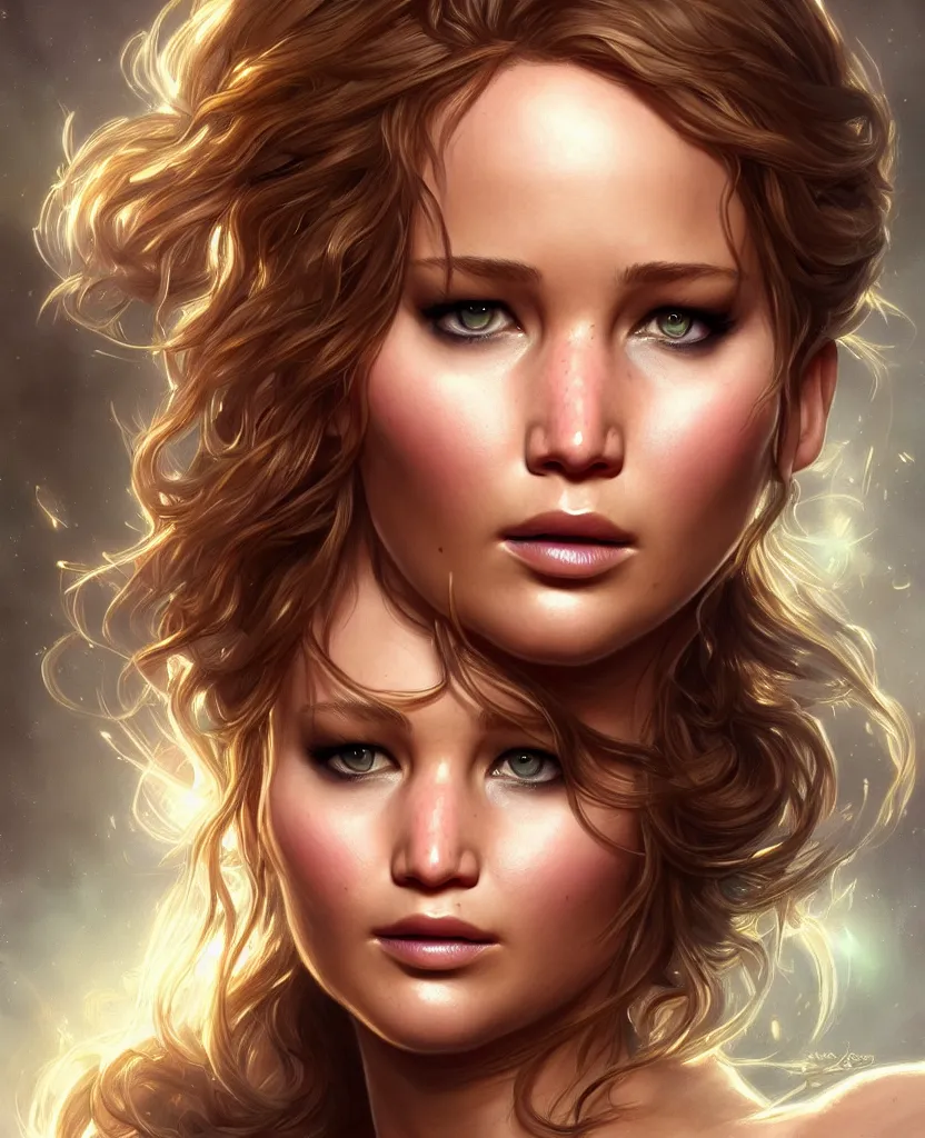 Image similar to Jennifer Lawrence, closeup, D&D, fantasy, intricate, elegant, highly detailed, digital painting, artstation, concept art, matte, sharp focus, illustration, hearthstone, art by Artgerm and Greg Rutkowski and Alphonse Mucha