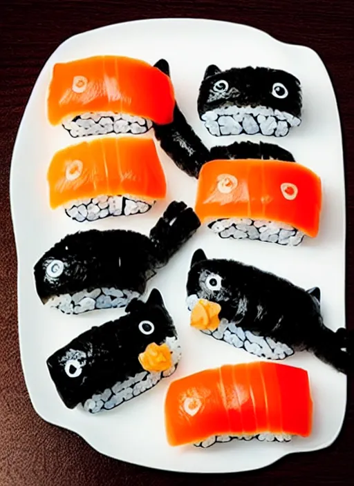 Image similar to clear photorealistic picture of adorable cats made out of sushi