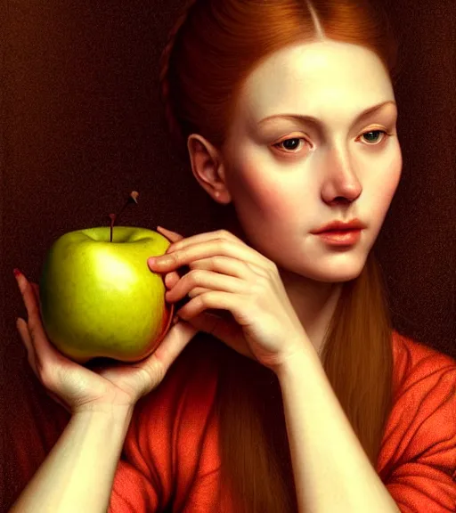 Image similar to portrait of a woman and an apple sitting upon a table with heightened detail, poised, intense emotion, detailed facial expression, detailed surroundings, intricate, elegant, highly detailed, centered, digital painting, artstation, concept art, smooth, sharp focus, illustration, by ( leonardo da vinci ), wlop