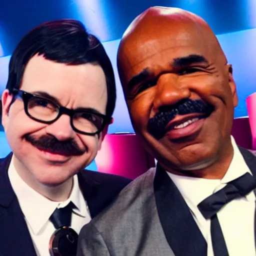 Prompt: a selfie of Steve Harvey and Rivers Cuomo From Weezer