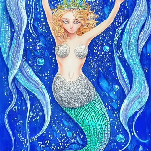 Prompt: an ultra perfect portrait of a fantastic mermaid with an ultra perfect and ultra detailed wild face with beautiful, ultra detailed wild blue eyes a fantastic crown of diamons and a diamond dust glitter and sparkles tail, swimming in a beautiful blue ocean