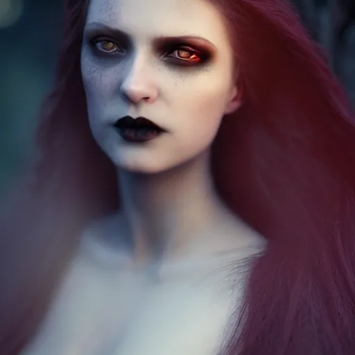 Image similar to photographic portrait of a stunningly beautiful gothic vampire female in soft dreamy light at sunset, contemporary fashion shoot, by edward robert hughes, annie leibovitz and steve mccurry, david lazar, jimmy nelsson, breathtaking, 8 k resolution, extremely detailed, beautiful, establishing shot, artistic, hyperrealistic, beautiful face, octane render