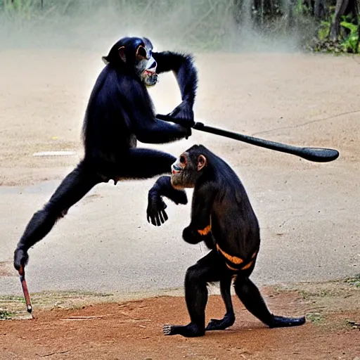 Image similar to chimpanzee fighting a tiger with a sledgehammer, phone recording,