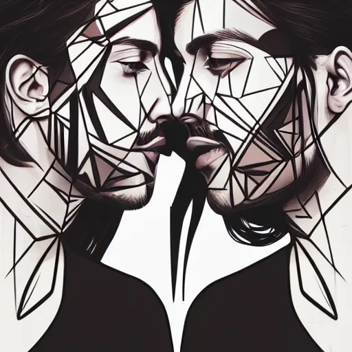 Image similar to perfectly centered geometrical symmetrical split male and female portrait of man and woman in love sharing one heart. illustration, highly detailed, simple, no jagged lines, smooth, artstation, artwork by obey, artwork by sandra chevrier