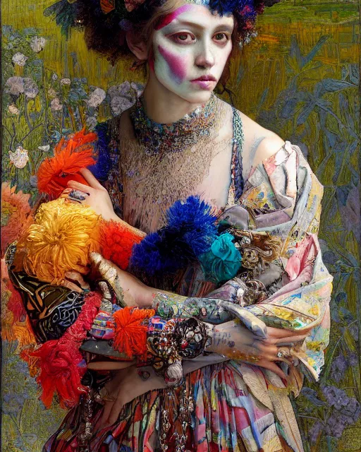 Image similar to a beautiful girl wearing colourful face paint surrounded by bright intricate patterns, by edgar maxence and caravaggio and michael whelan, intricate painting, hyper realistic, extremely detailed and beautiful aesthetic face, 8 k resolution