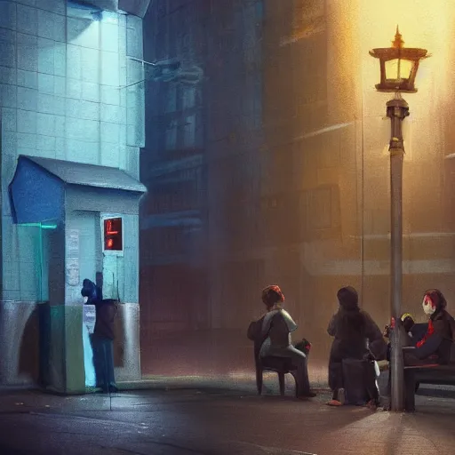 Prompt: a some people waiting in a lone bus stop in quiet dark city night, high quality, high resolution,detailed, digital painting, artstation, concept art, sharp focus, octane render, volumetric light, trending on Artstation, by James Jean, by Brian Froud, hyper realistic