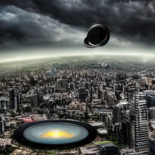 Image similar to wide shot of a near-future city with dark thick storm clouds in the sky. A giant ring-shaped spaceship is launching. The ring spaceship is encircling the city. HDR