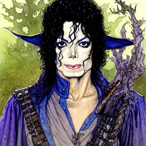 Image similar to a realistic and atmospheric watercolour fantasy character concept art portrait of michael jackson as a druidic warrior wizard looking at the camera with an intelligent gaze by rebecca guay, michael kaluta, charles vess and jean moebius giraud