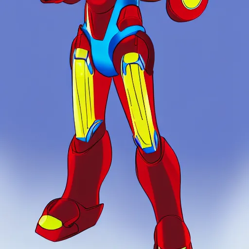 Prompt: mega man's kid sister. iron man, cyberpunk, anime, no helmet, long blue hair on her head, gold armor