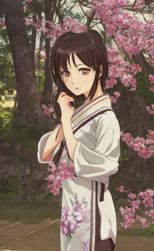 Prompt: anime style, gta 5, portrait of girl, yukata clothing, sakura tree in background, brown short hair, hair down, symmetrical facial features, from arknights, hyper realistic, rule of thirds, extreme detail, 4 k drawing, safebooru, realistic lighting, by alphonse mucha, greg rutkowski, sharp focus, backlit