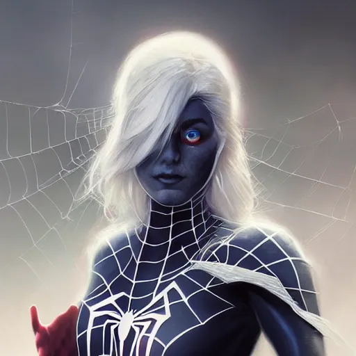 Image similar to full body portrait of white haired girl in spider man suit, super hero, webs, highly detailed, very beautiful face, very detailed eyes, digital art, artstation, concept art, smooth, sharp focus, greg rutkowski, wlop