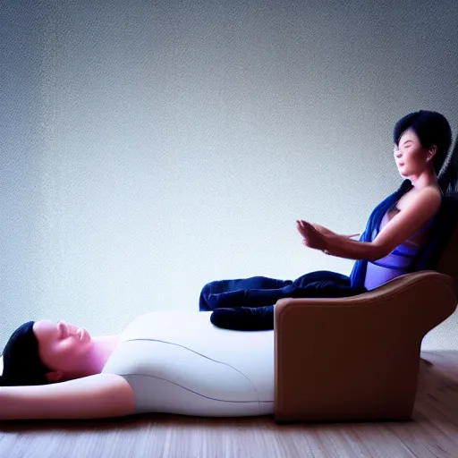 Image similar to acupuncture treatment, realistic human receiving acupuncture, the chair is floating in a dramatic scene above ground, floating in space, beautiful, dramatic lighting