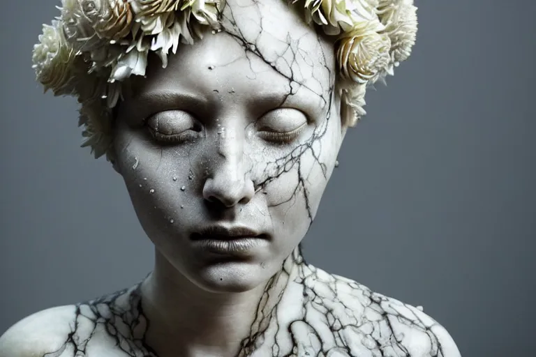 Image similar to a sculpture of a beautiful woman with flowing tears, fractal flowers on the skin, intricate, a marble sculpture by nicola samori, behance, neo - expressionism, marble sculpture, apocalypse art, made of mist, still frame from the prometheus movie by ridley scott with cinematogrophy of christopher doyle, arri alexa, anamorphic bokeh, 8 k